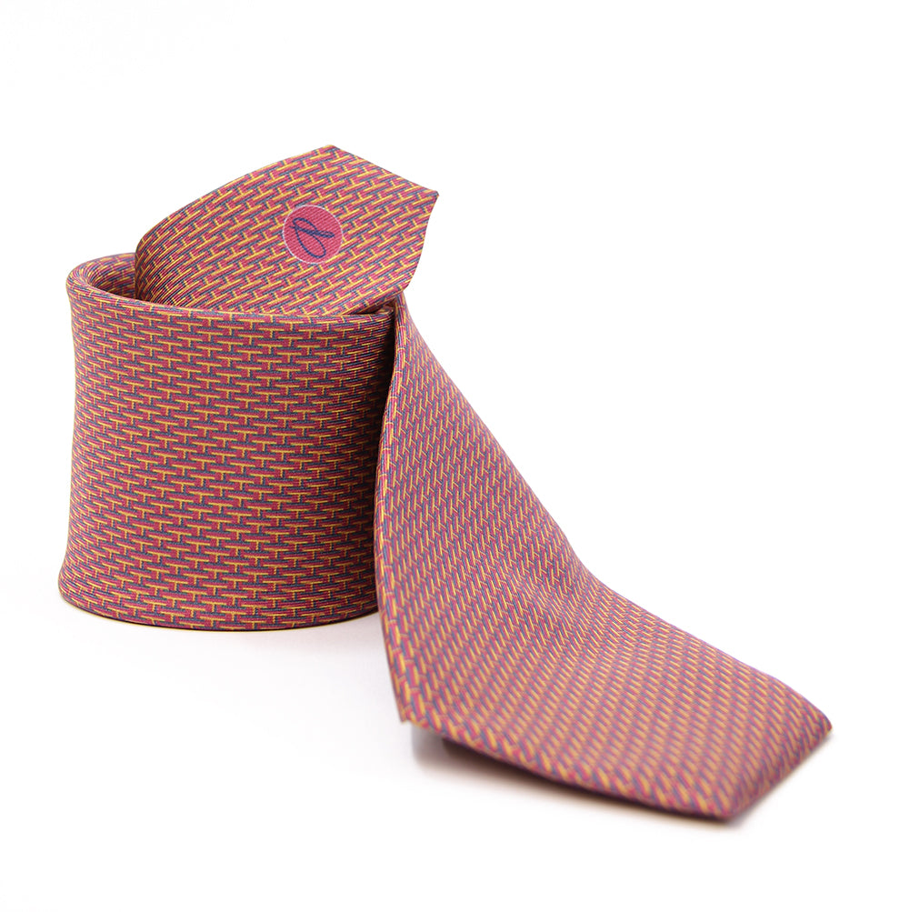 A striped necktie with orange and purple tones, featuring a sharp cross-hatched pattern.