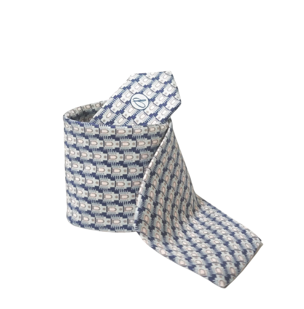 100% silk blue and white patterned tie, handmade in Italy with a matching box on a white background