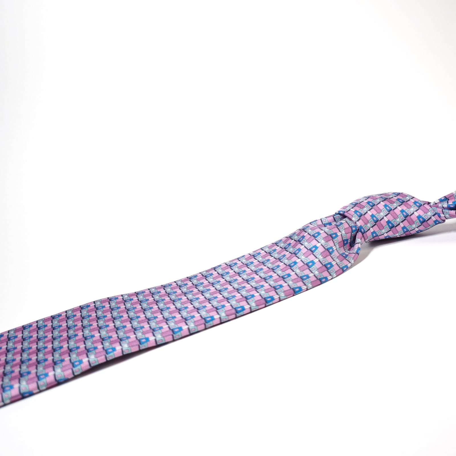 Pink and blue checkered handmade silk tie on a white background