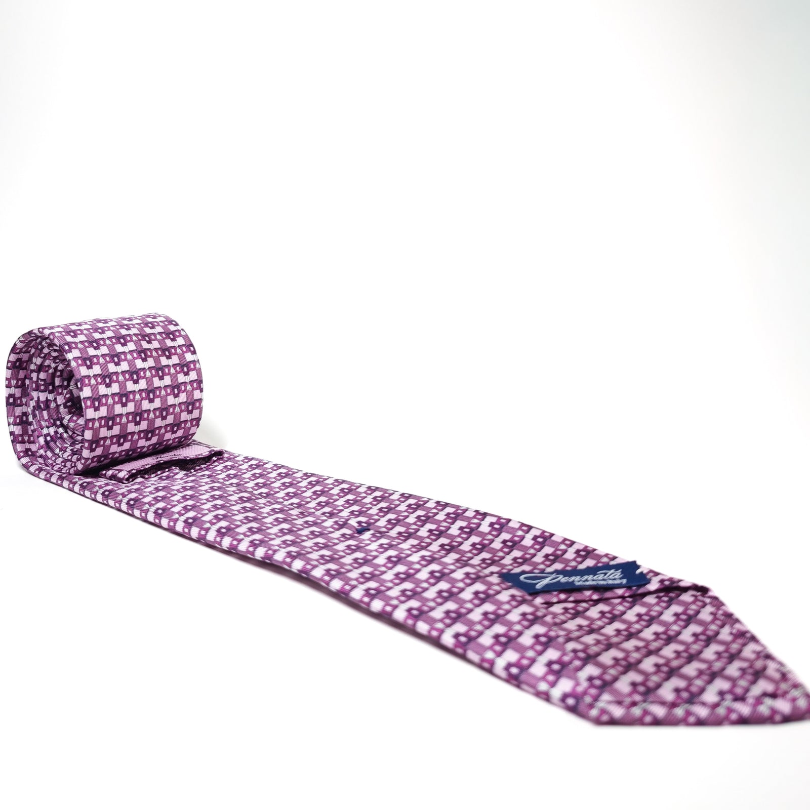Purple patterned silk tie with a brand logo on a white background