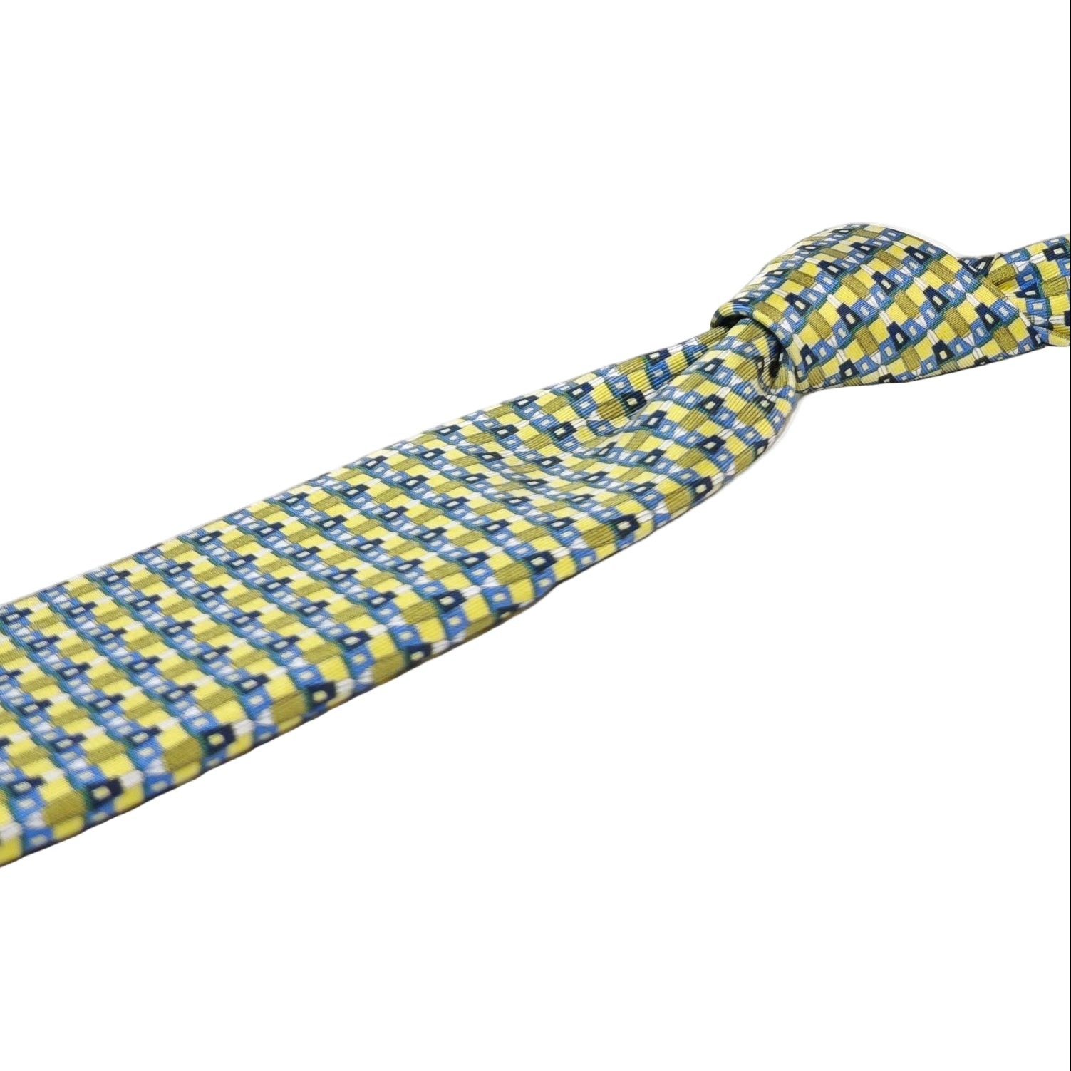 Blue and yellow checkered silk tie on a white background