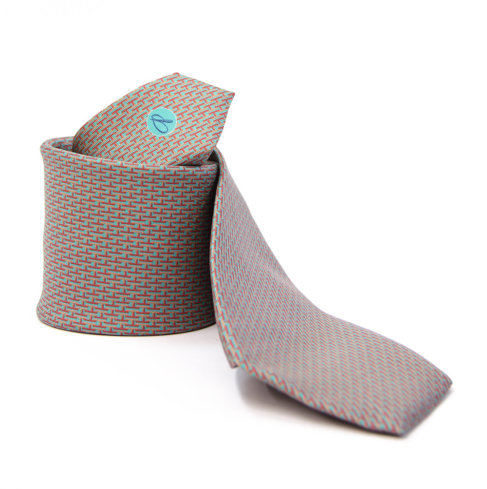 A striped necktie with a combination of dark and light turquoise colors against a white background.