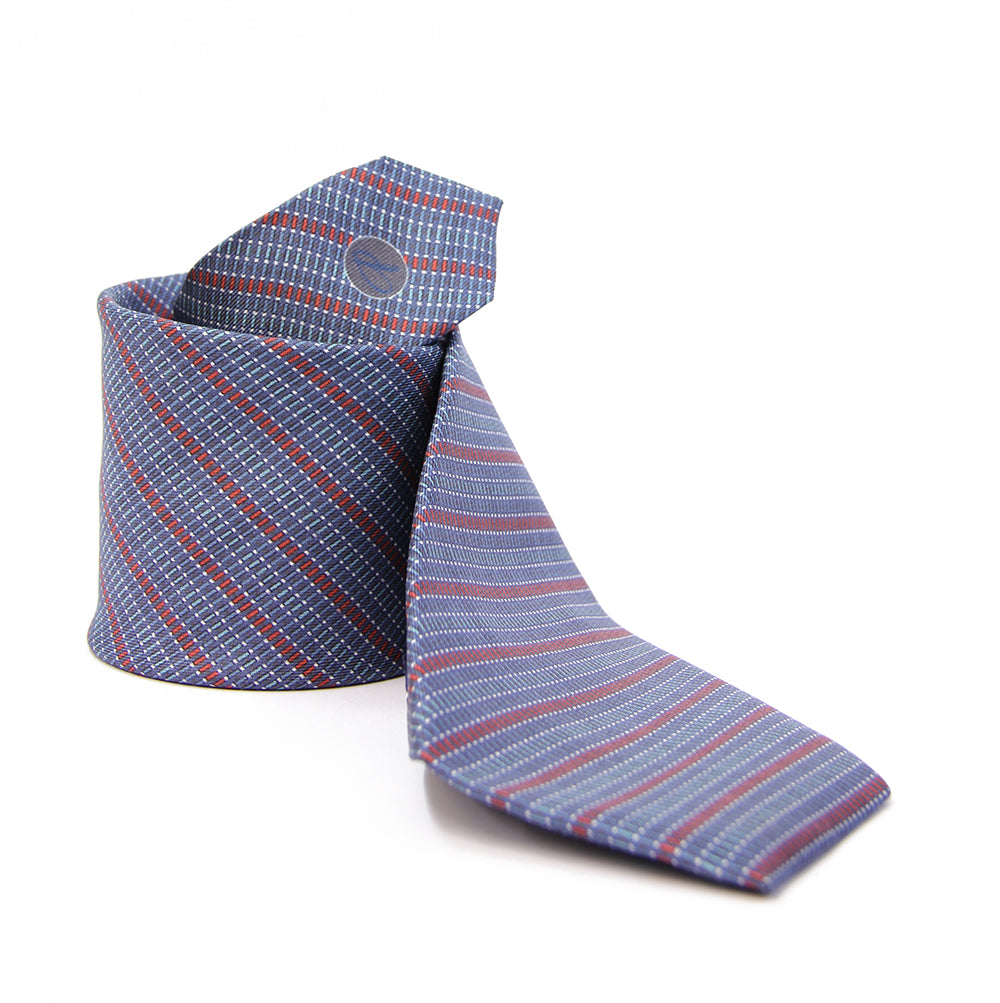 A striped silk necktie with blue and red colors, displayed in a folded state.