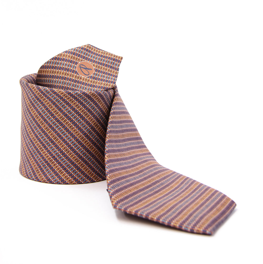 A striped silk tie with a combination of orange and brown colors, displayed in a folded and unfolded configuration.