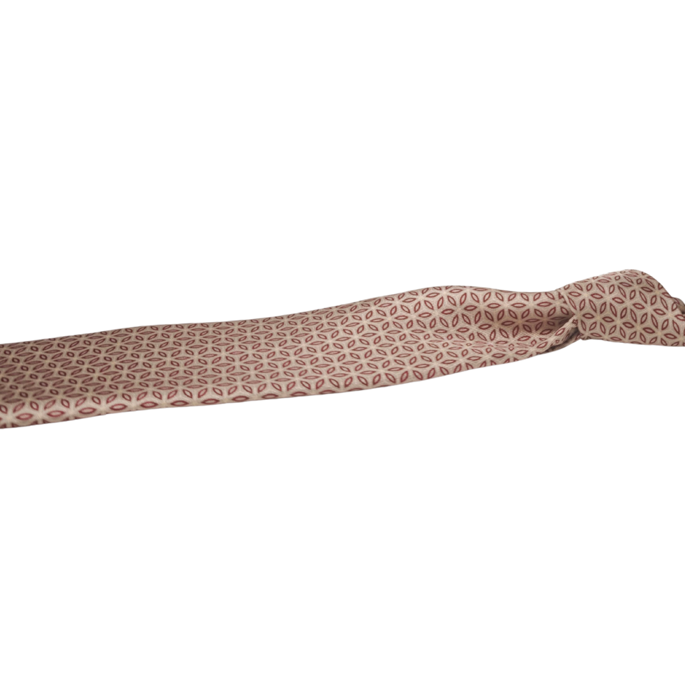 Patterned silk tie, elegant gold burgundy, on a white background