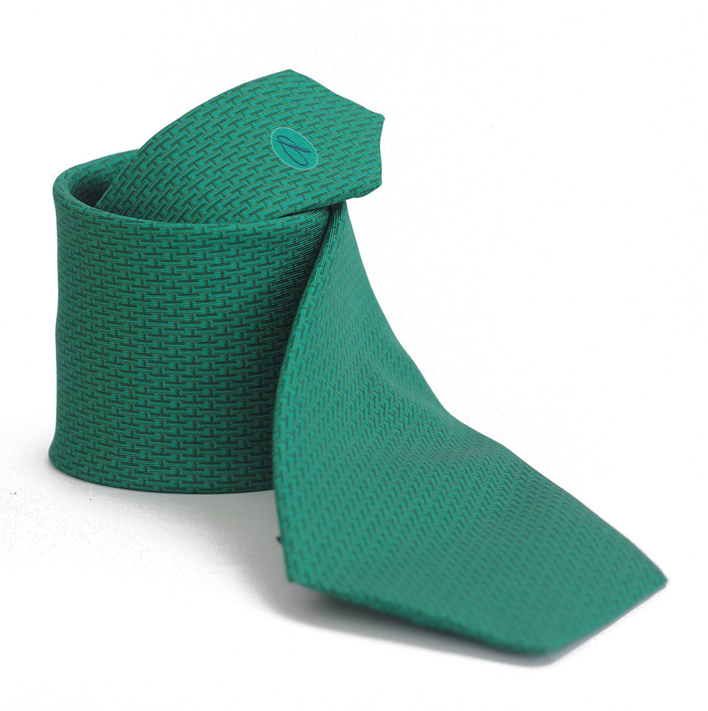 A green necktie with a cross-hatched pattern, displayed on a plain background.