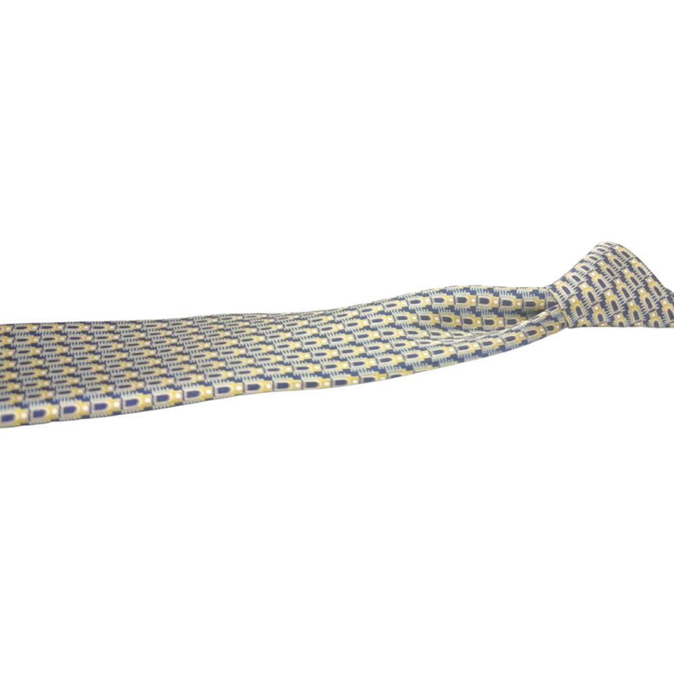 Blue and yellow patterned silk tie on a white background