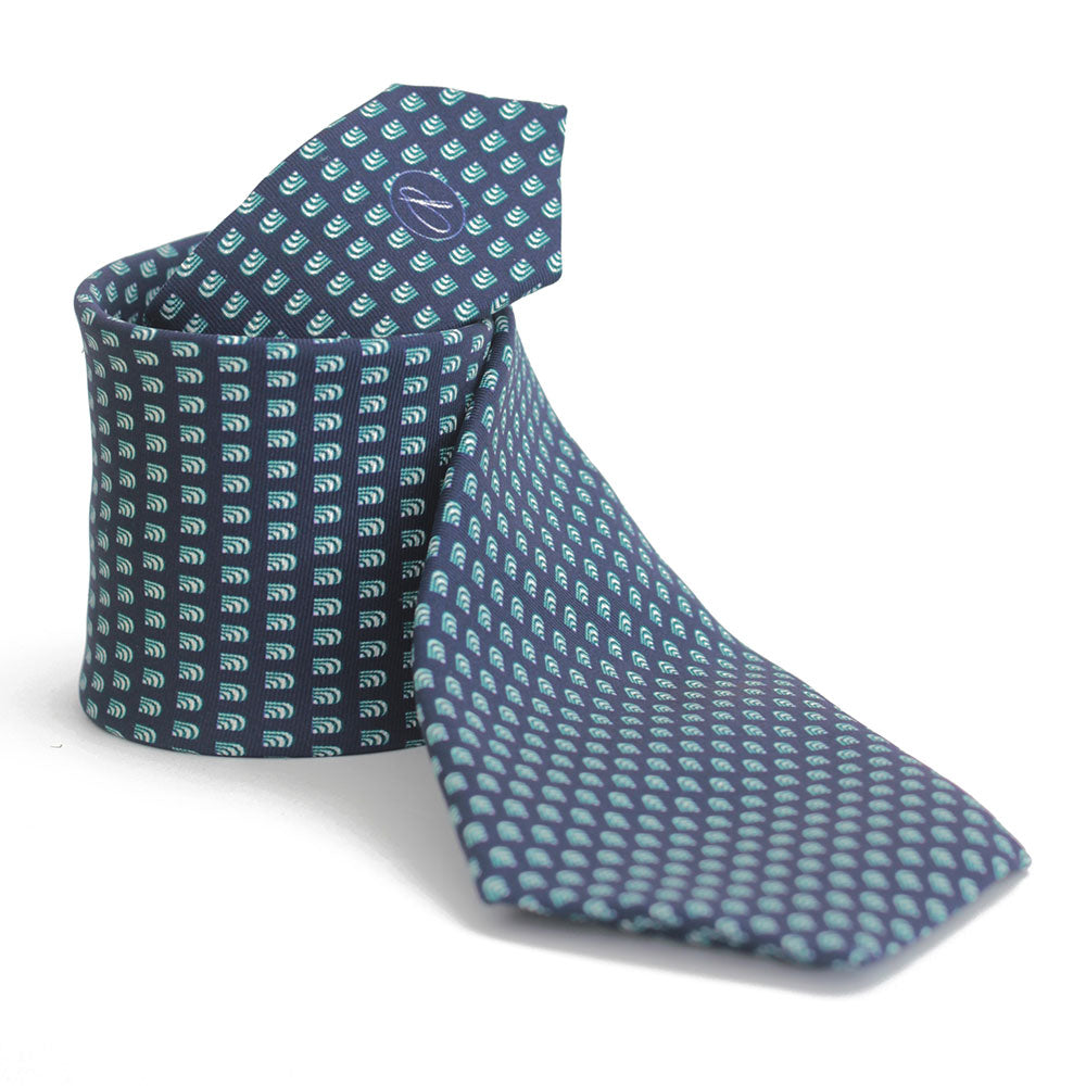 A blue tie with a geometric pattern, displayed in a folded state, against a white background.