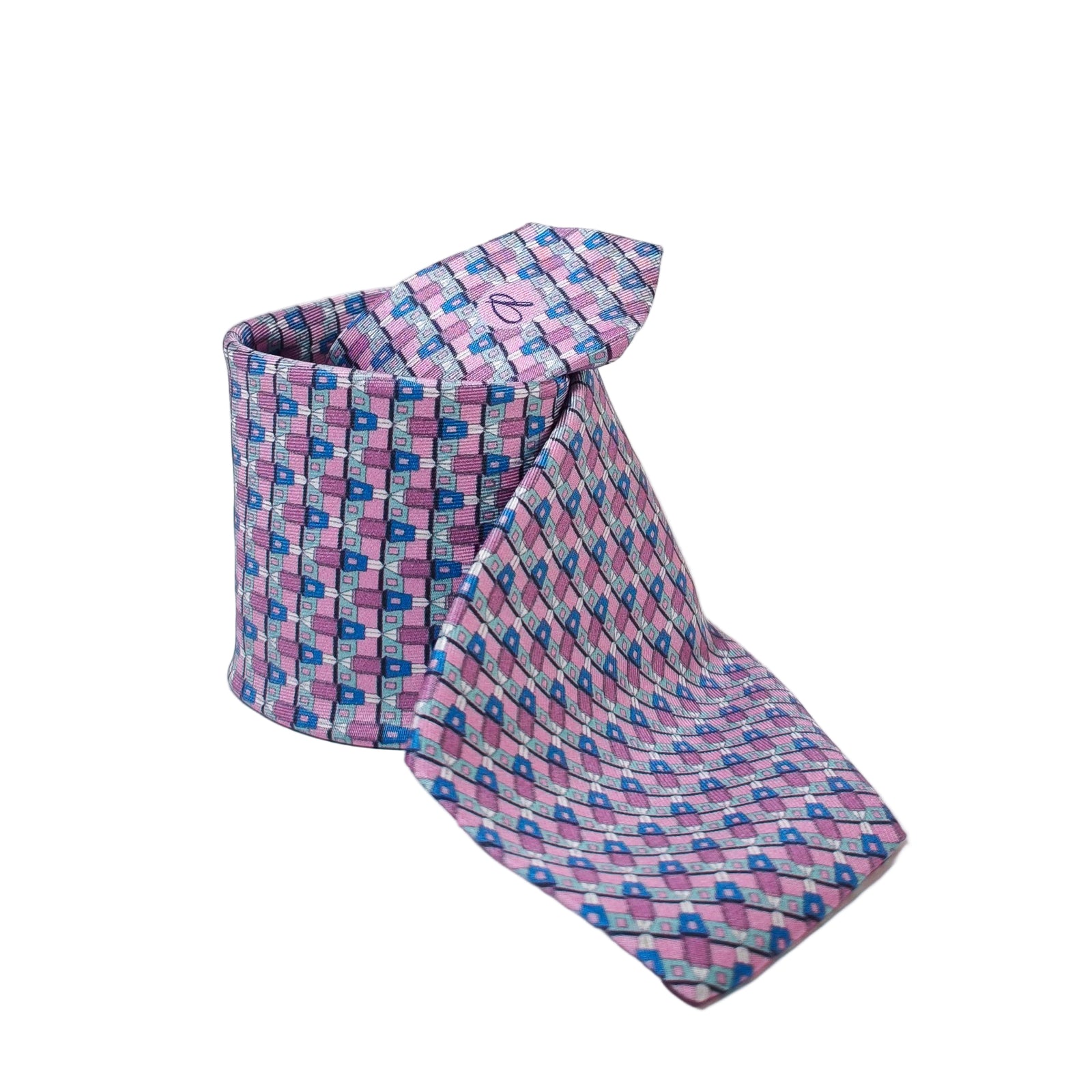 Pink and blue checkered silk tie on a white background