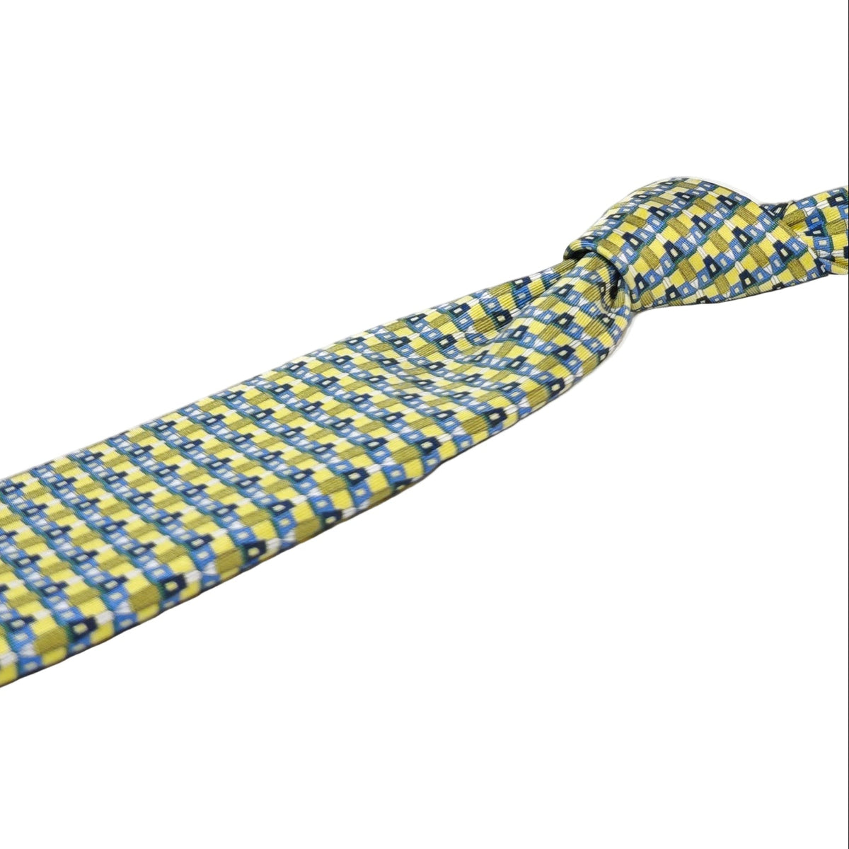 Blue and yellow checkered silk tie on a white background